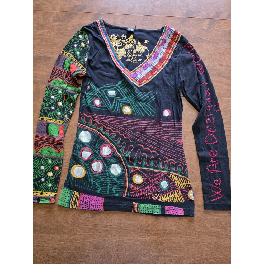 Desigual Womens Black Embroidered V-Neck Long Sleeve Top Size M Boho Mixed Media